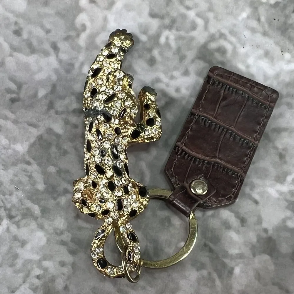 VTG Panther Leopard Keychain Clasp Gold Tone Crystal Rhinestones Enamel